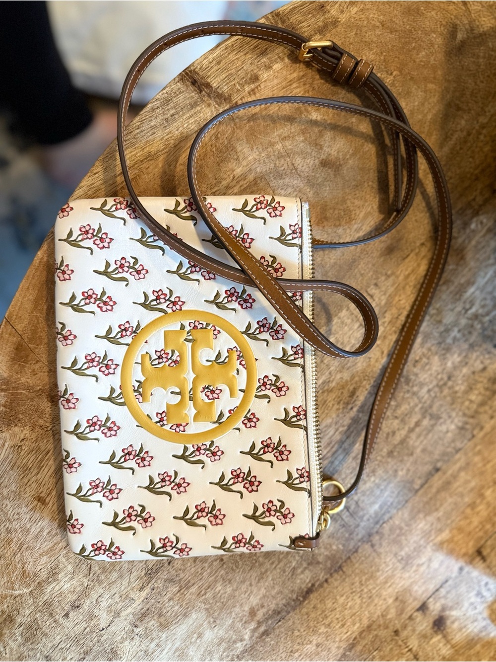 Tory Burch Cream Floral Crossbody with Brown Strap and Gold Logo